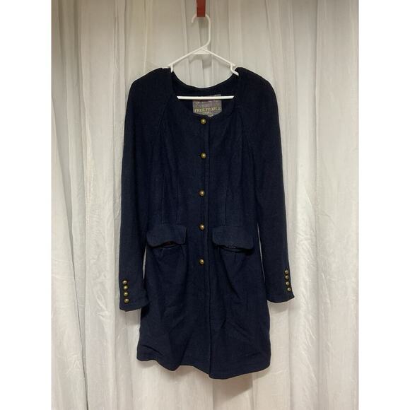 Free People Coat Womens Size XS Navy Blue Overcoat A Line Wool Pocket Detail - Picture 1 of 9